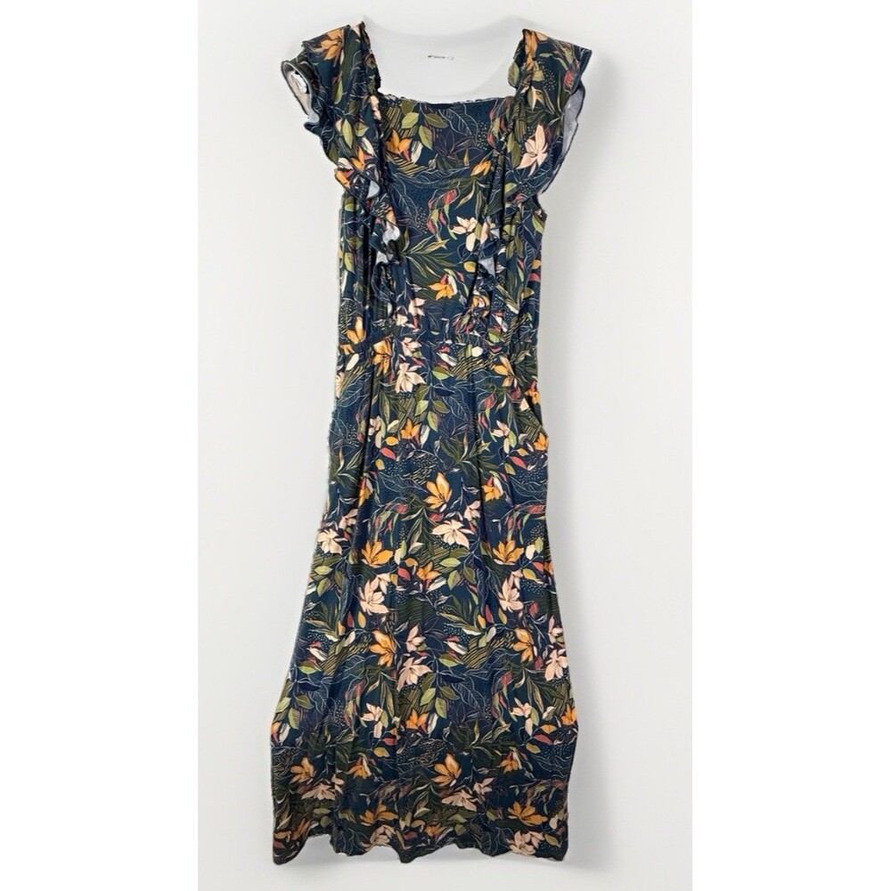 Garnet Hill Dulce Dress Pockets Large Teal Floral Knit Maxi Square Neck Ruffle L